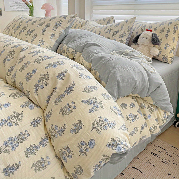 New for Spring Vintage Blue Floral Pattern 4pcss Bedding Set 4pcss Sheet Set Includes 1 Flat Sheet