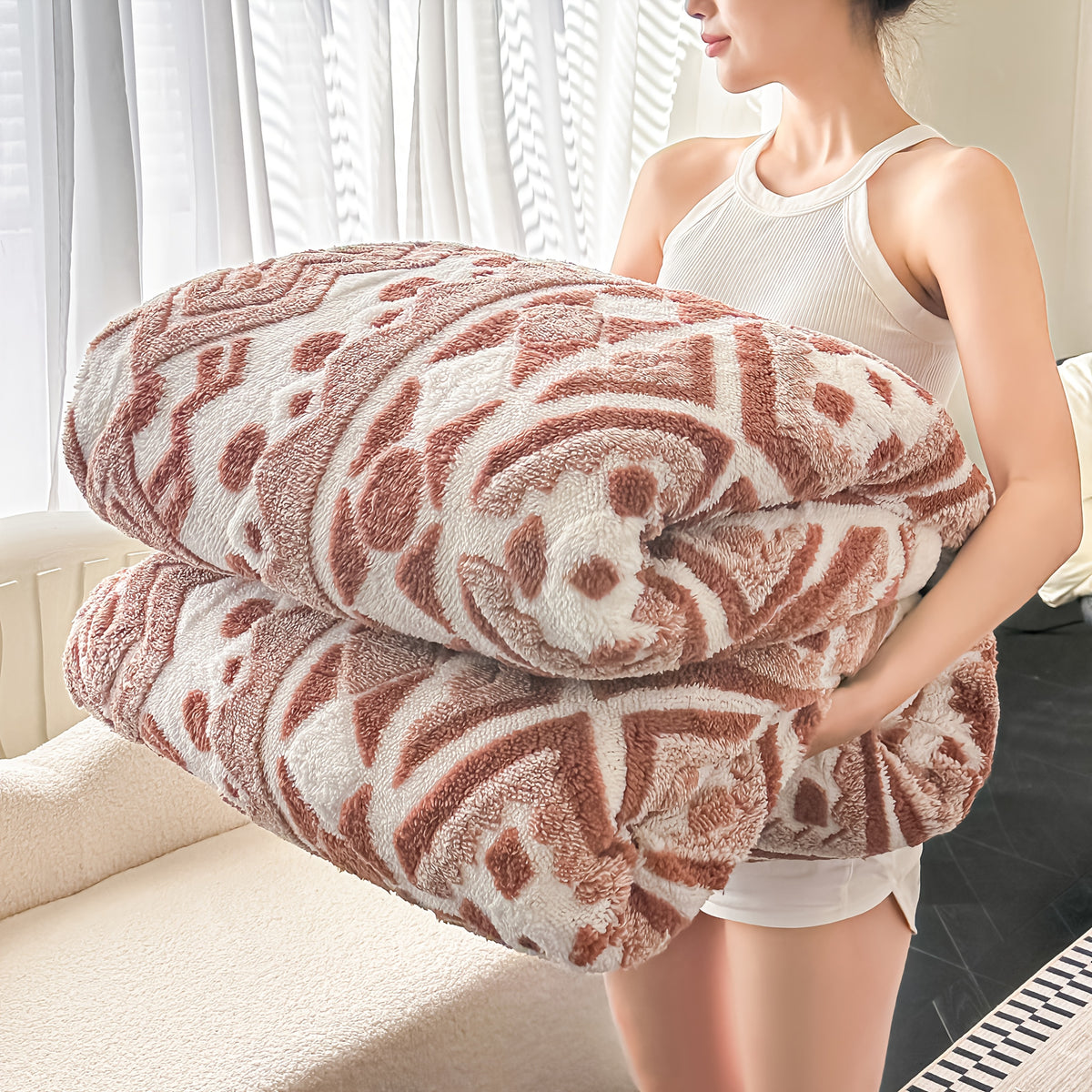 1pc Bohemian Style Blanket, Three-Color Ionized Jacquard Double-Layer Fleece Throw, Air Conditioning Blanket