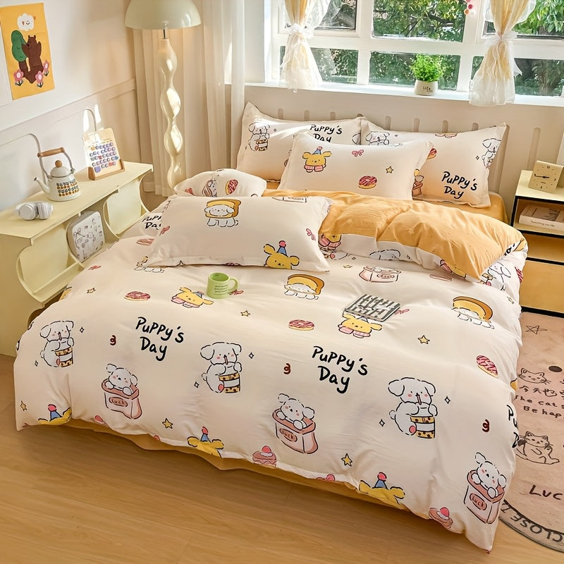 4pcs, Cartoon Four-Piece Set Duvet Cover*1+Fitted Sheet*1+Pillowcases*2, Soft and Delicate