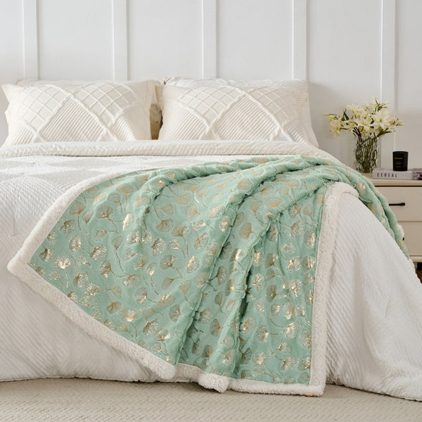 1pc Contemporary Floral Faux Rabbit Fur Blanket - Double-Layer Thickened All-Season Soft Bedspread with Ginkgo Leaf Pattern