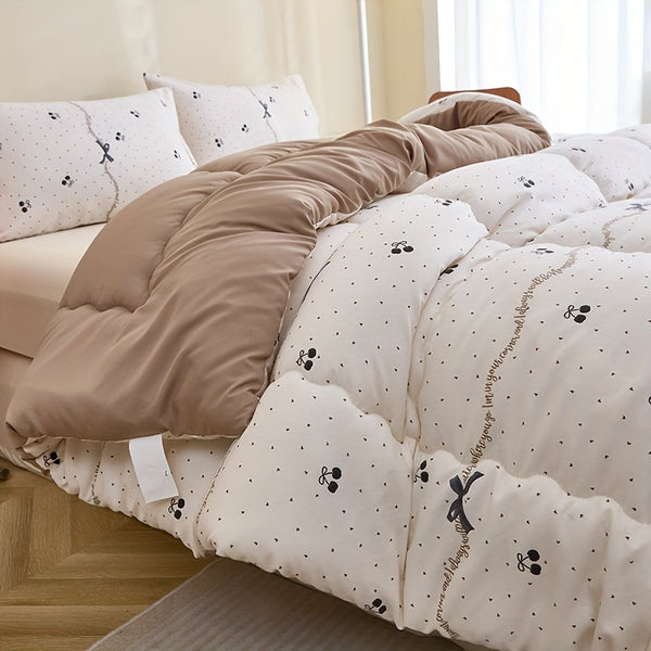 3pcs Black Cherry Floral Print Quilted Bedding Set - Ultra-Soft Polyester