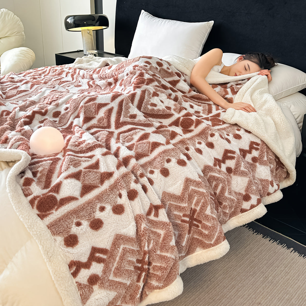 1pc Bohemian Style Blanket, Three-Color Ionized Jacquard Double-Layer Fleece Throw, Air Conditioning Blanket