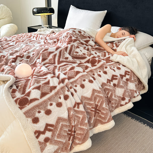 1pc Bohemian Style Blanket, Three-Color Ionized Jacquard Double-Layer Fleece Throw, Air Conditioning Blanket