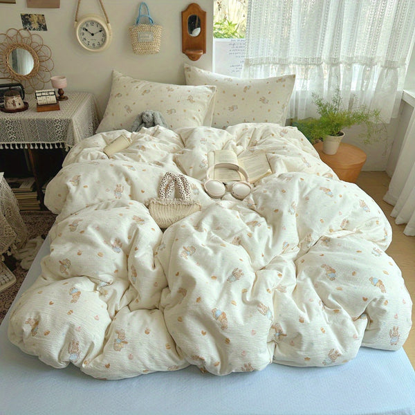 4pcs Jacquard Craft Bedding Set with Cute Rabbit + Dessert Pattern, Soft and Machine Washable