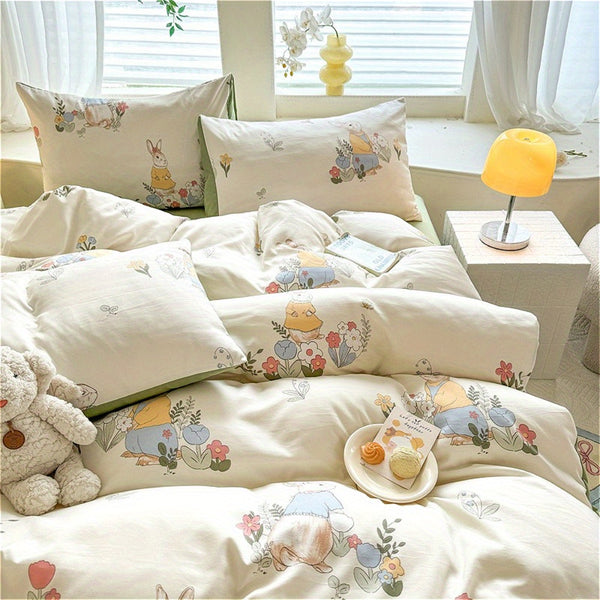 4pcs Bed Sheet Set Red and White Floral + Cute Rabbit Pattern, Fresh & Lovely Style