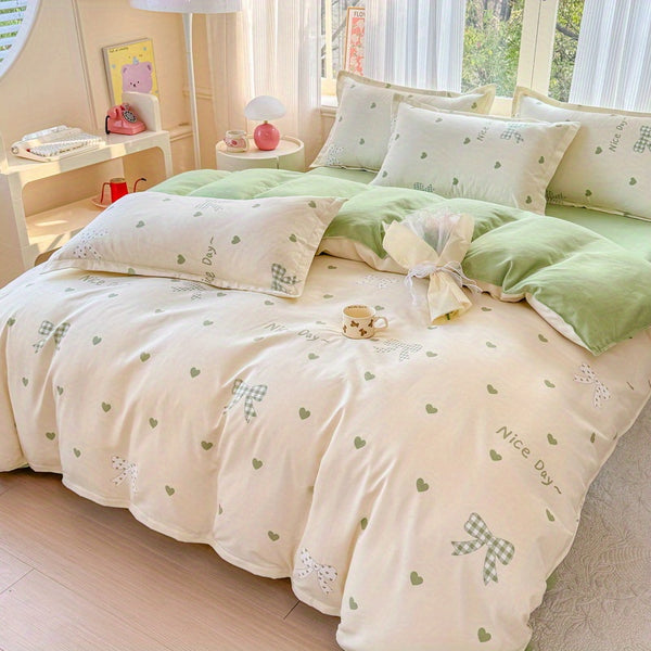Green Love + Bow Modern Style Bedding Set (1 Duvet Cover + 1 Fitted Sheet + 2 Pillowcases)