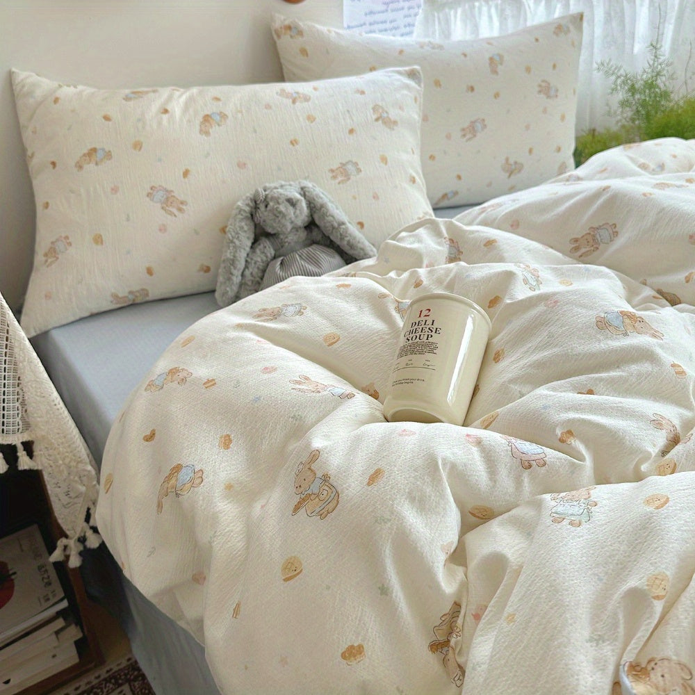 4pcs Jacquard Craft Bedding Set with Cute Rabbit + Dessert Pattern, Soft and Machine Washable