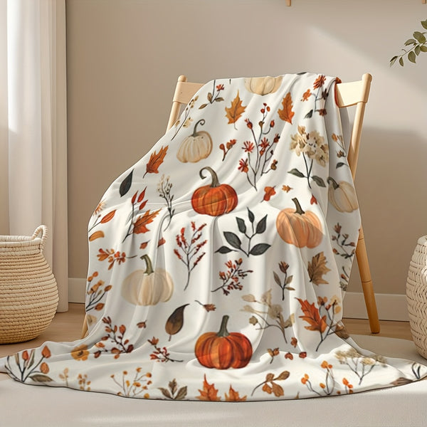 1pc All-Season Flannel Blanket - Soft Cozy Fall Throw with Pumpkin, Leaf & Floral Prints in Orange, Beige