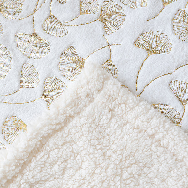 1pc Contemporary Floral Faux Rabbit Fur Blanket - Double-Layer Thickened All-Season Soft Bedspread with Ginkgo Leaf Pattern