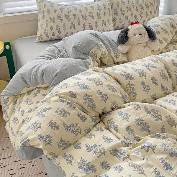 New for Spring Vintage Blue Floral Pattern 4pcss Bedding Set 4pcss Sheet Set Includes 1 Flat Sheet