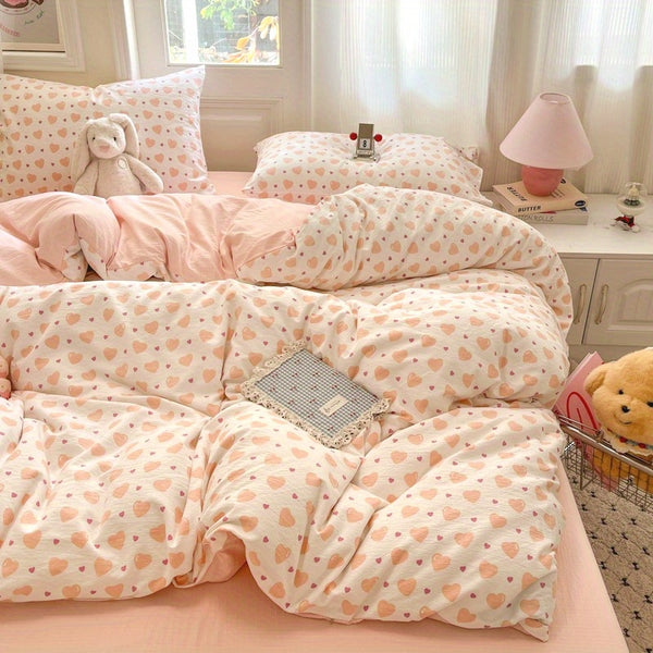 Orange Large Love Pattern Modern Style Bedding Set 4pcs (1 Duvet Cover + 1 Fitted Sheet + 2 Pillowcases)