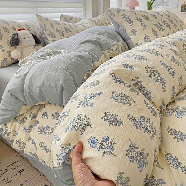 New for Spring Vintage Blue Floral Pattern 4pcss Bedding Set 4pcss Sheet Set Includes 1 Flat Sheet