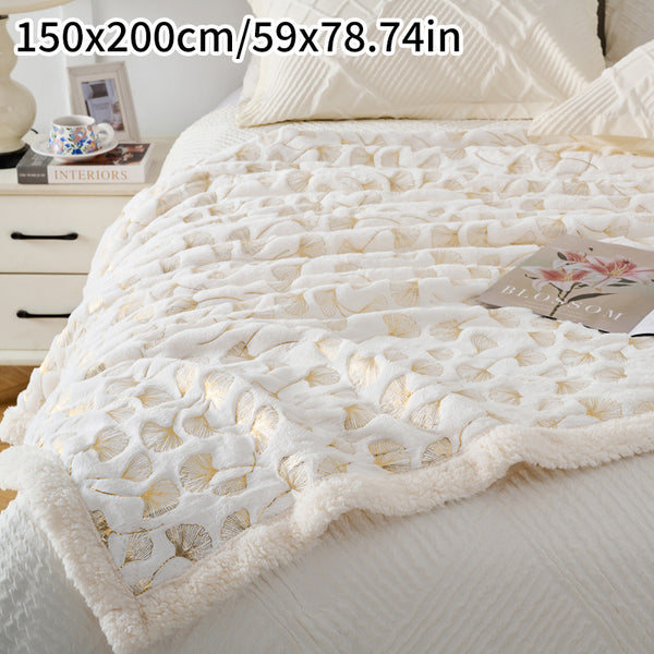 1pc Contemporary Floral Faux Rabbit Fur Blanket - Double-Layer Thickened All-Season Soft Bedspread with Ginkgo Leaf Pattern