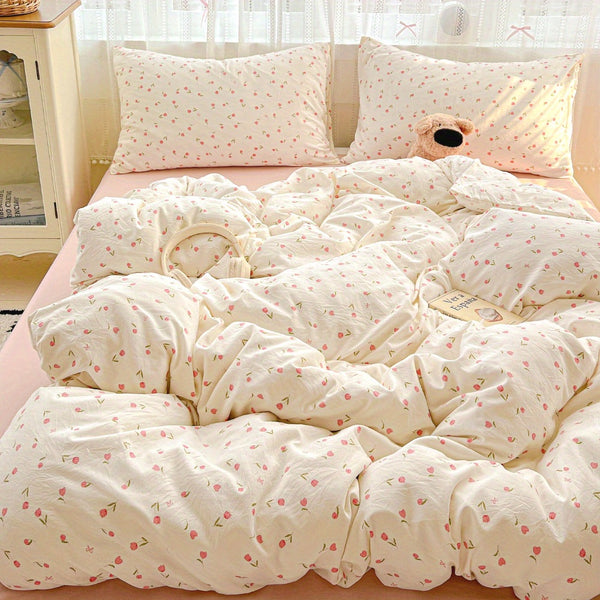 Summer Simple Small Floral Pink Tulip Pattern Sweet Style Bedding Set