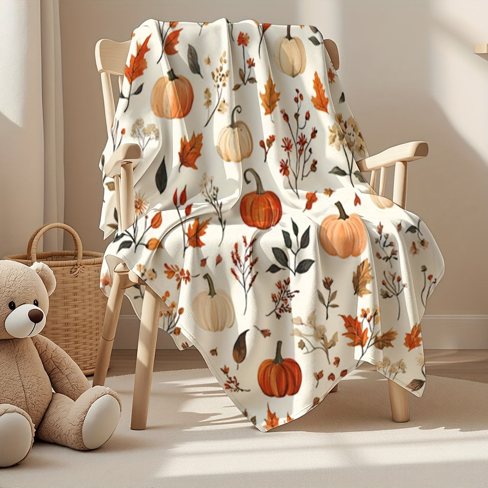 1pc All-Season Flannel Blanket - Soft Cozy Fall Throw with Pumpkin, Leaf & Floral Prints in Orange, Beige