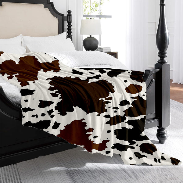 1pc Cowhide-like Cow Spot Print Plush Blanket - Heavy-Duty Brown