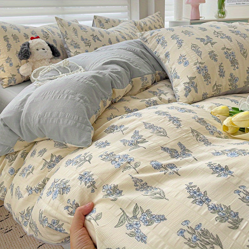 New for Spring Vintage Blue Floral Pattern 4pcss Bedding Set 4pcss Sheet Set Includes 1 Flat Sheet