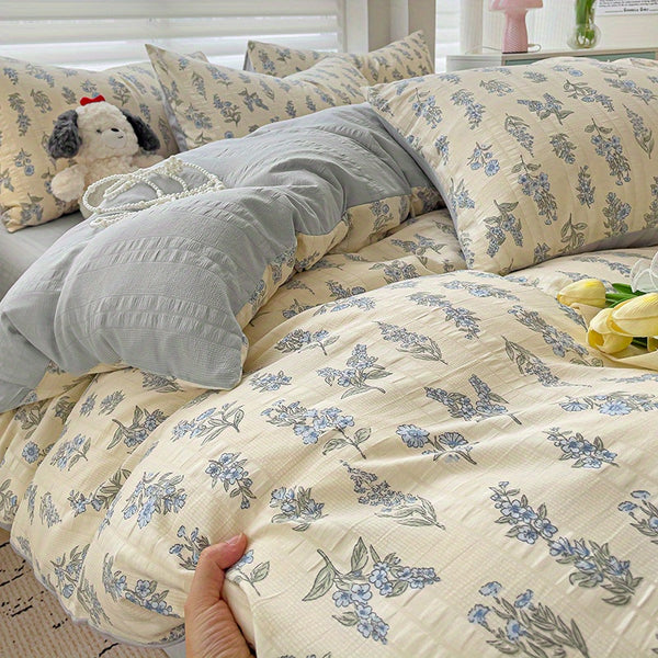 New for Spring Vintage Blue Floral Pattern 4pcss Bedding Set 4pcss Sheet Set Includes 1 Flat Sheet