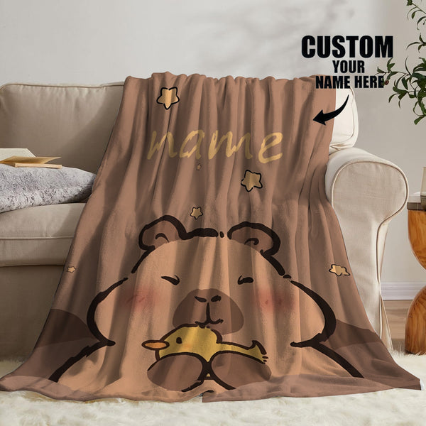 Customizable Capybara Blanket 1pc Soft & Cozy Customizable Capybara Flannel Blanket - Personalized Name Option