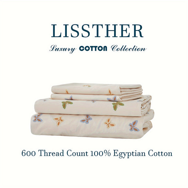 4pcs 600TC 100% Egyptian Cotton Fitted Sheet Set (1*Fitted Sheet+1*Flat Sheet+2*Pillowcase, Without Core)