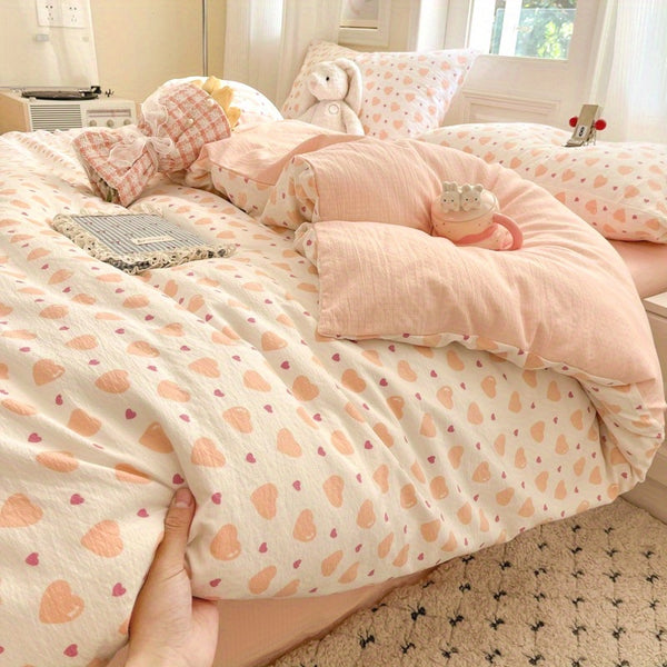 Orange Large Love Pattern Modern Style Bedding Set 4pcs (1 Duvet Cover + 1 Fitted Sheet + 2 Pillowcases)