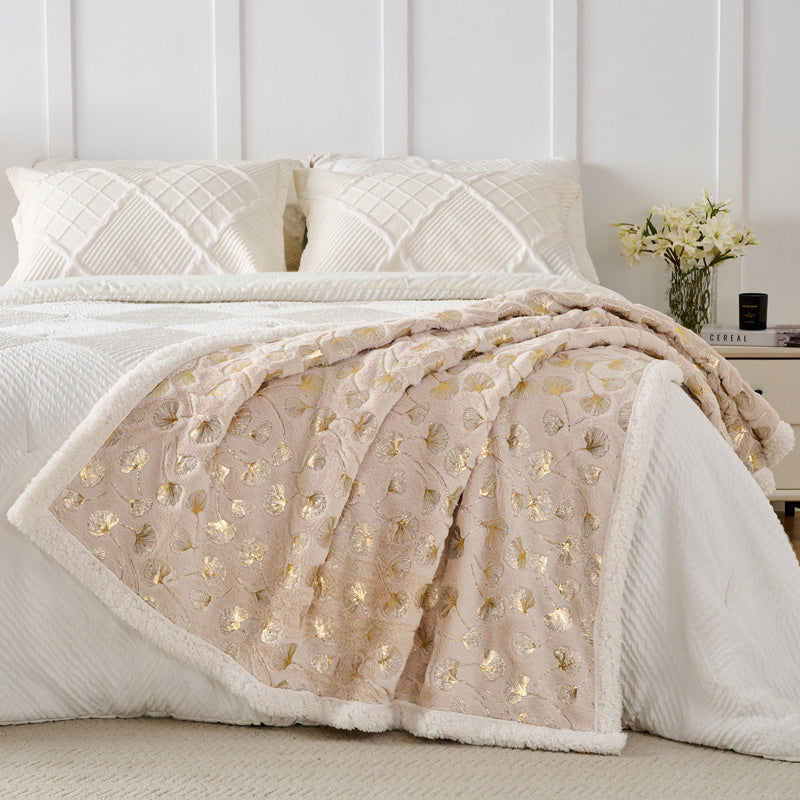 1pc Contemporary Floral Faux Rabbit Fur Blanket - Double-Layer Thickened All-Season Soft Bedspread with Ginkgo Leaf Pattern
