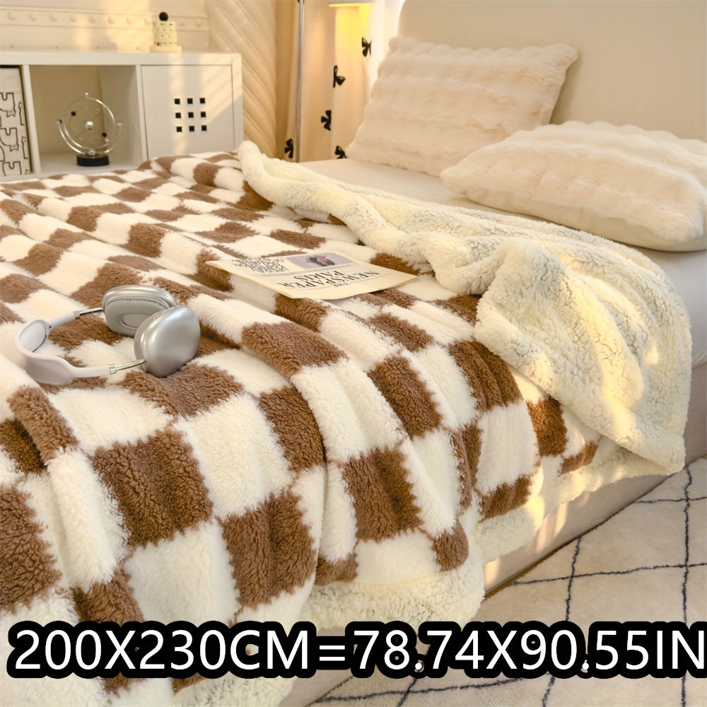 1pc Charming Checkered Plush Fleece Blanket, 400-450g Polyester, All-Season, Knitted