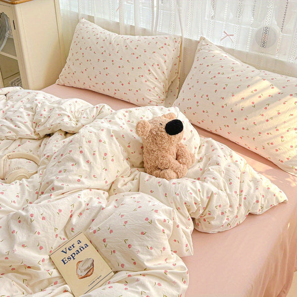 Summer Simple Small Floral Pink Tulip Pattern Sweet Style Bedding Set