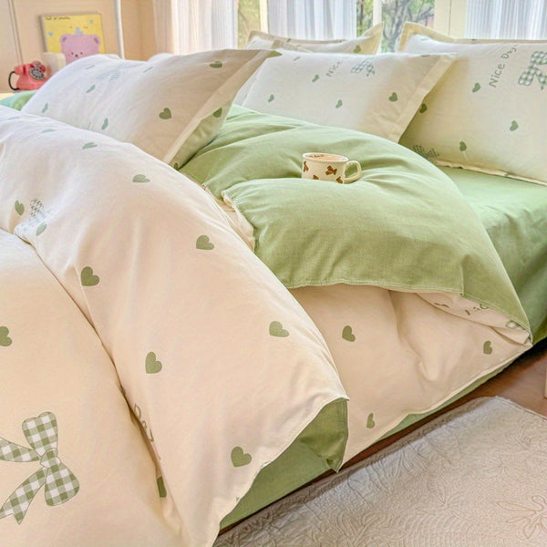 Green Love + Bow Modern Style Bedding Set (1 Duvet Cover + 1 Fitted Sheet + 2 Pillowcases)