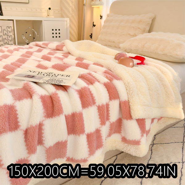 1pc Charming Checkered Plush Fleece Blanket, 400-450g Polyester, All-Season, Knitted
