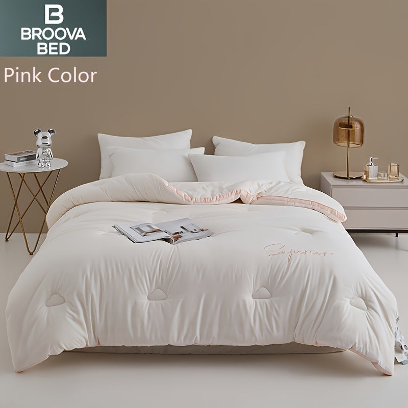 Soft Comforter 1pc Soft Fiber Quilt Core, Light Beige Embroidered Cloud Four Seasons Comforter