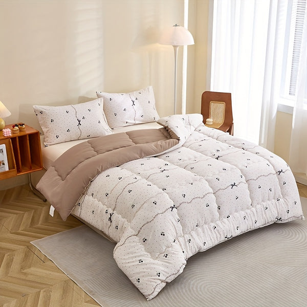 3pcs Black Cherry Floral Print Quilted Bedding Set - Ultra-Soft Polyester