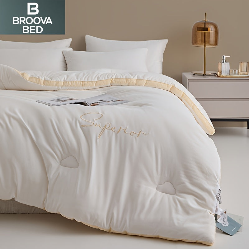 Soft Comforter 1pc Soft Fiber Quilt Core, Light Beige Embroidered Cloud Four Seasons Comforter