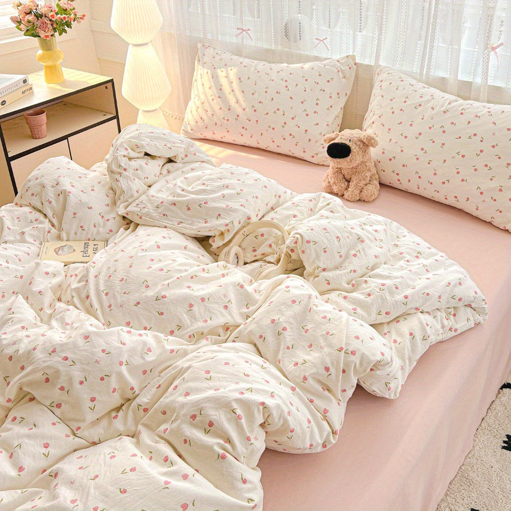 Summer Simple Small Floral Pink Tulip Pattern Sweet Style Bedding Set