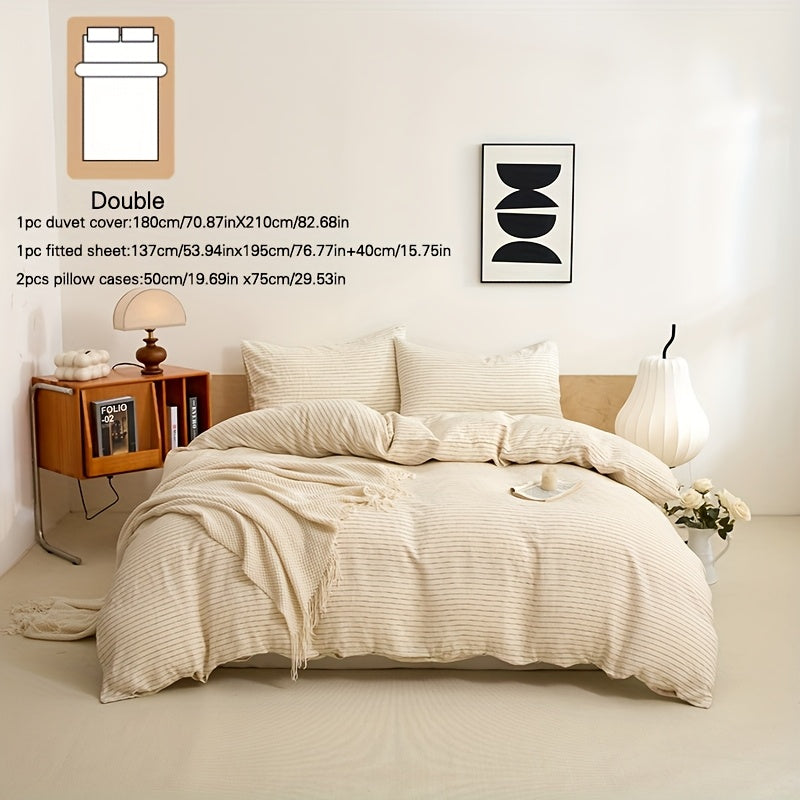 4pcs 100% French Linen Double Bedding Set, 4pcs Set Includes 1 Duvet Cover, 1 Fitted Sheet