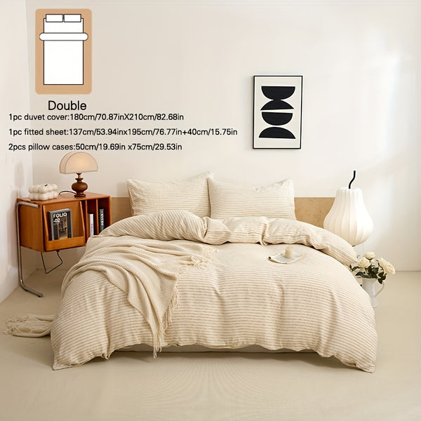 4pcs 100% French Linen Double Bedding Set, 4pcs Set Includes 1 Duvet Cover, 1 Fitted Sheet