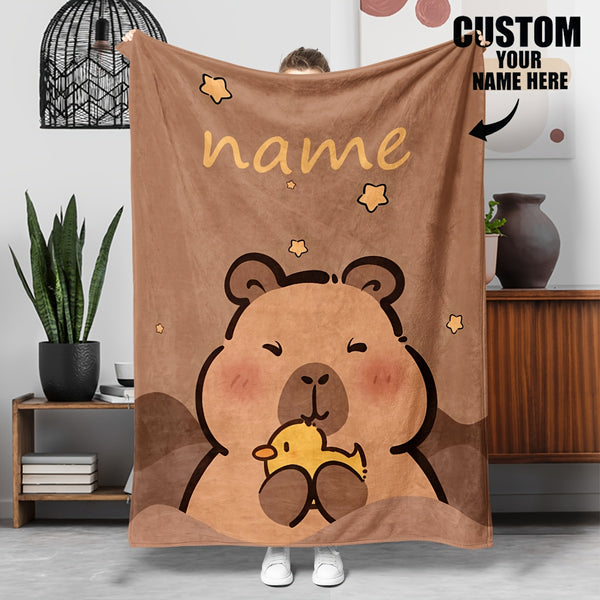 Customizable Capybara Blanket 1pc Soft & Cozy Customizable Capybara Flannel Blanket - Personalized Name Option