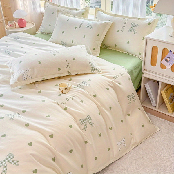 Green Love + Bow Modern Style Bedding Set (1 Duvet Cover + 1 Fitted Sheet + 2 Pillowcases)