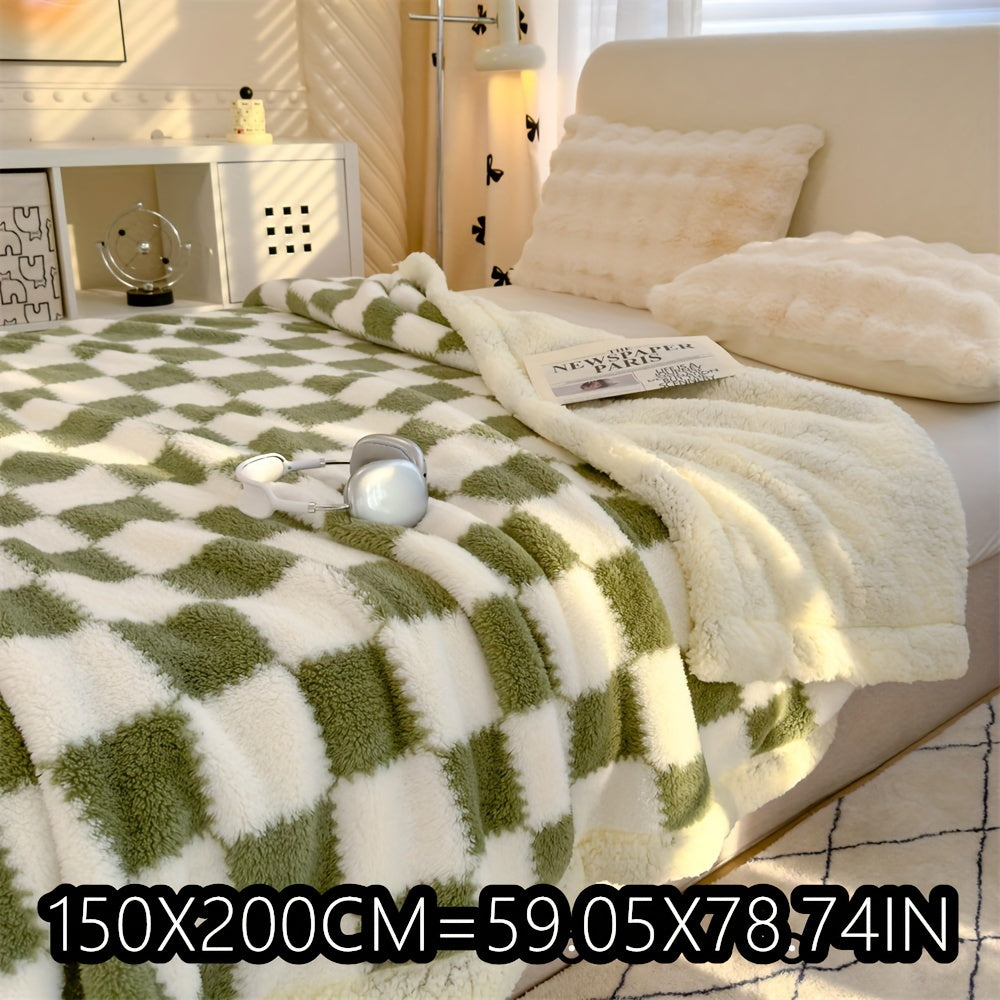 1pc Charming Checkered Plush Fleece Blanket, 400-450g Polyester, All-Season, Knitted