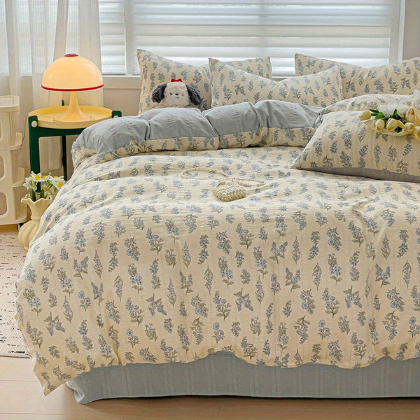 New for Spring Vintage Blue Floral Pattern 4pcss Bedding Set 4pcss Sheet Set Includes 1 Flat Sheet