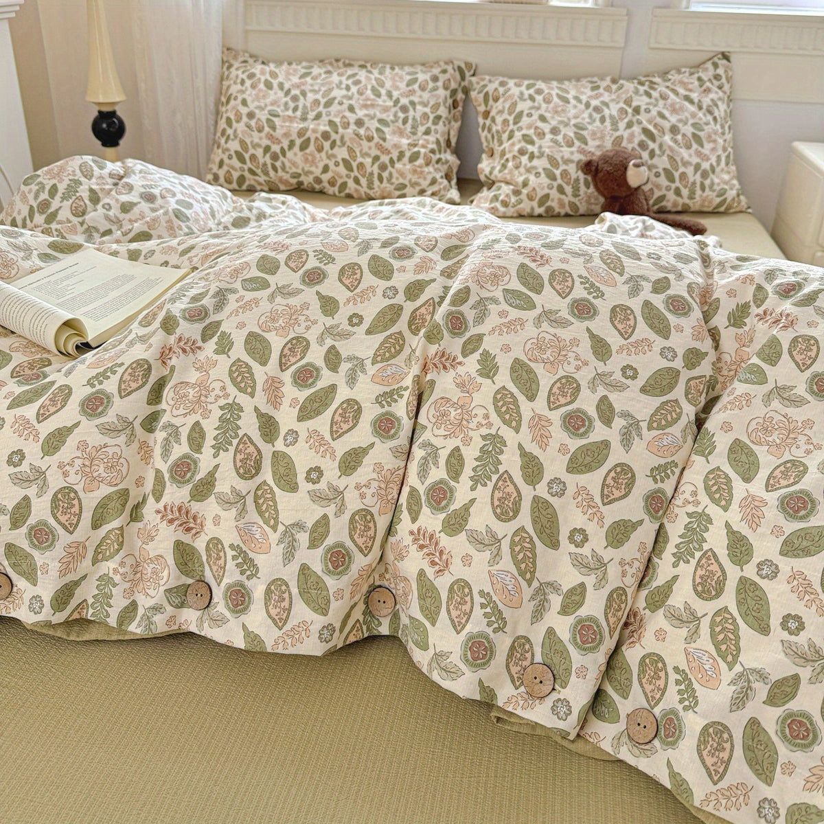 Fresh Dark Green and Light Brown Leaf Vine Pattern, Fresh Pastoral Style with Button Embellishments