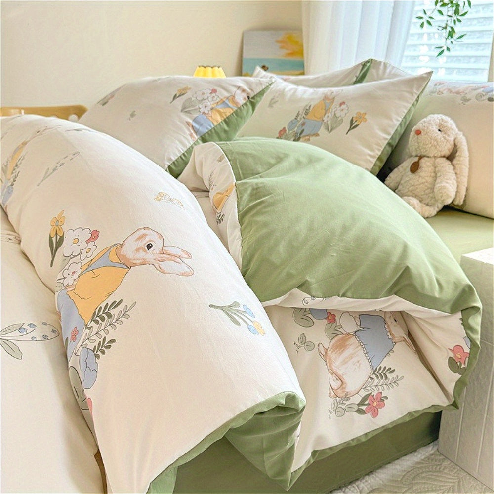 4pcs Bed Sheet Set Red and White Floral + Cute Rabbit Pattern, Fresh & Lovely Style