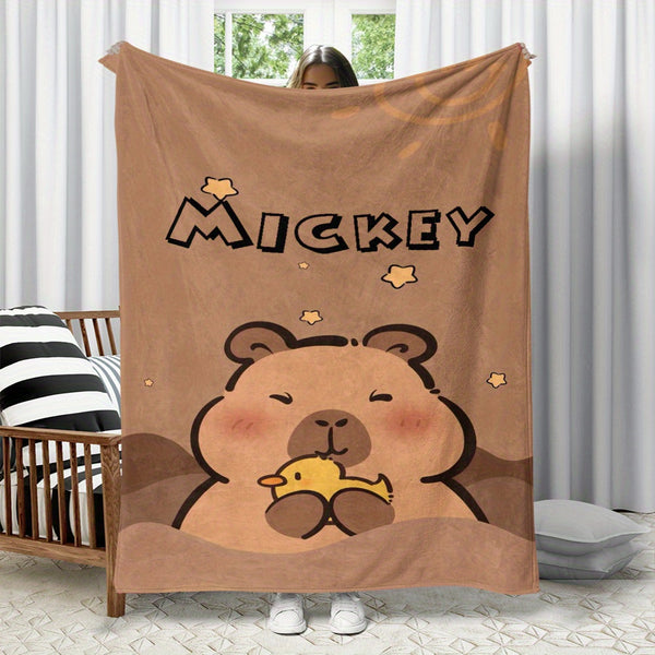 1pc Custom Name Capybara Flannel Throw Blanket - Soft Polyester Fiber, Machine Washable