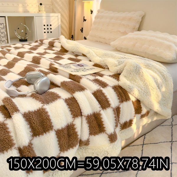 1pc Charming Checkered Plush Fleece Blanket, 400-450g Polyester, All-Season, Knitted