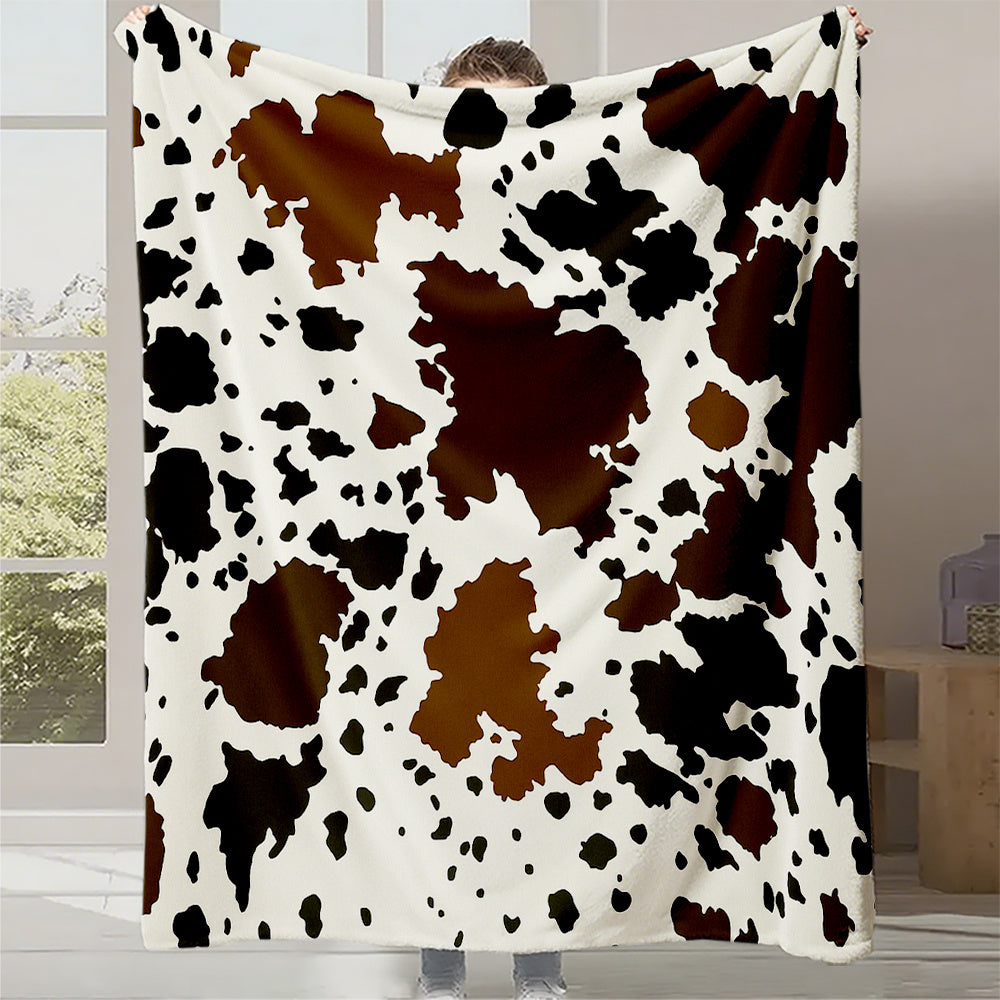 1pc Cowhide-like Cow Spot Print Plush Blanket - Heavy-Duty Brown