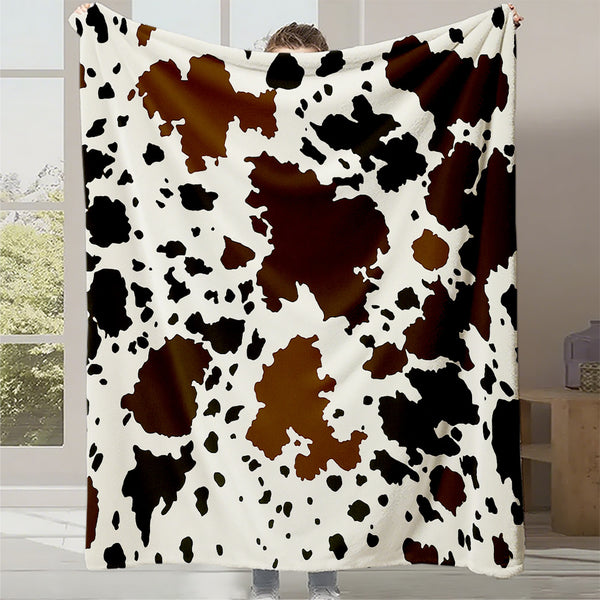 1pc Cowhide-like Cow Spot Print Plush Blanket - Heavy-Duty Brown