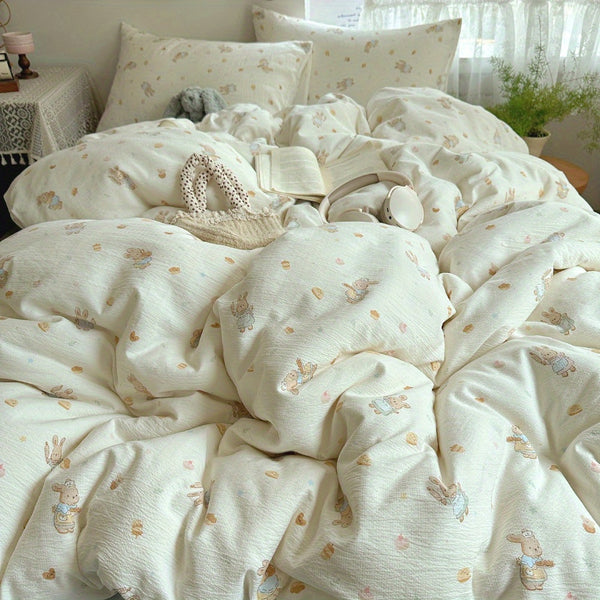 4pcs Jacquard Craft Bedding Set with Cute Rabbit + Dessert Pattern, Soft and Machine Washable