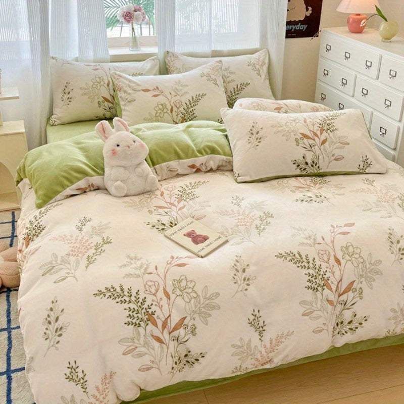 New Autumn-Winter Collection: Soft and Comfortable 4pcs Bedding Set with Plant Patter