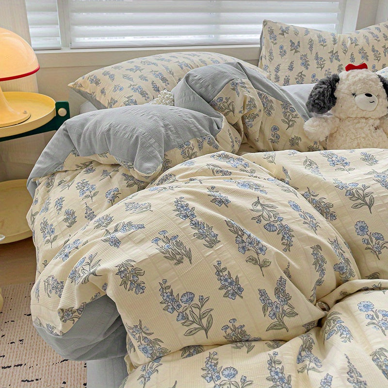 New for Spring Vintage Blue Floral Pattern 4pcss Bedding Set 4pcss Sheet Set Includes 1 Flat Sheet