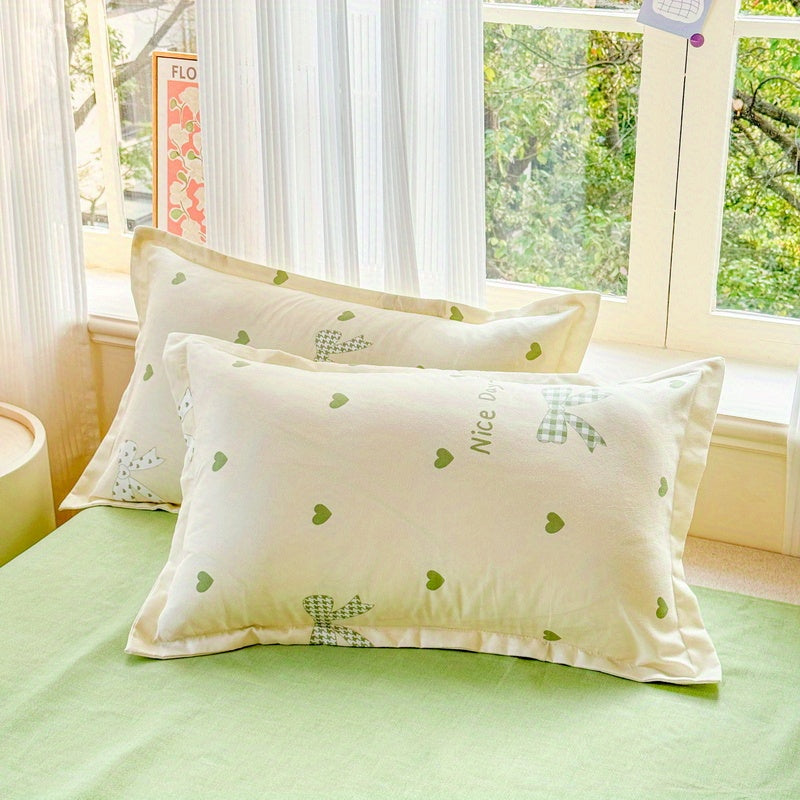 Green Love + Bow Modern Style Bedding Set (1 Duvet Cover + 1 Fitted Sheet + 2 Pillowcases)